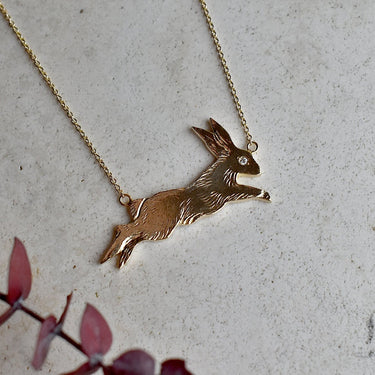 14ky Leaping Rabbit Necklace with Diamond Eye - Magpie Jewellery