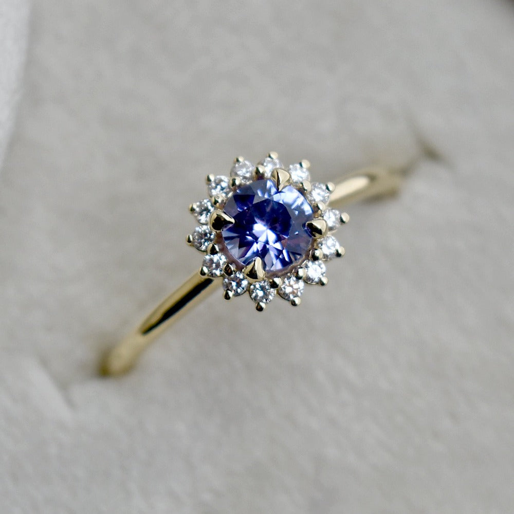 14k Yellow Gold Purple Sapphire Halo Engagement Ring - Magpie Jewellery